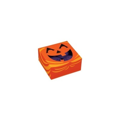 Caixa quadrada laranja com rosto de abóbora de Halloween