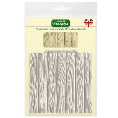 molde para confeitaria com textura de tronco de árvore branco na embalagem com etiqueta branca e verde.