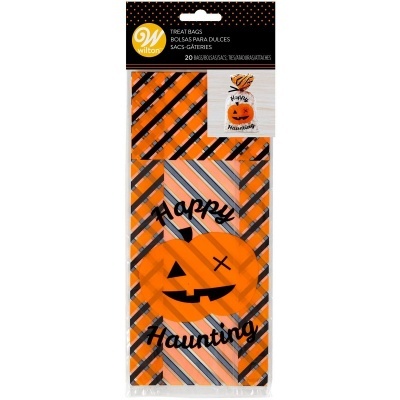 Pacote de sacos de doces laranja e preto com abóbora e texto Happy Haunting