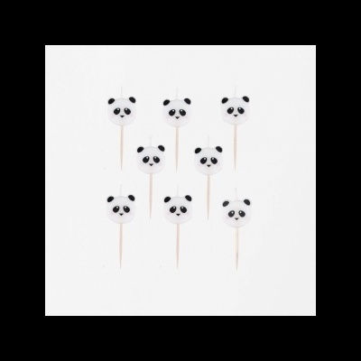 Palitos decorativos com faces de panda em branco e preto sobre fundo branco.