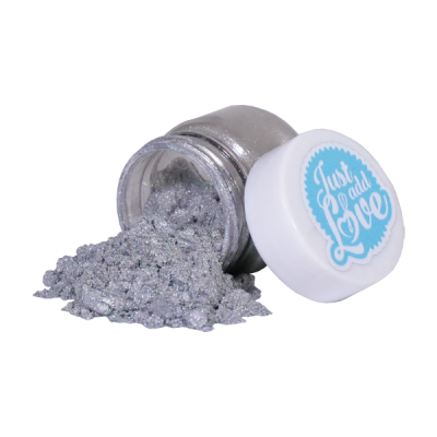 Frasco pequeno transparente com glitter prateado derramado e tampa branca com texto azul