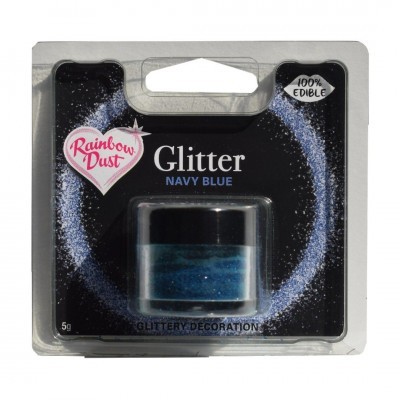 Embalagem de glitter azul marinho com rótulo Rainbow Dust