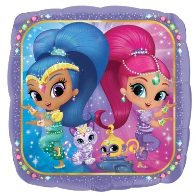 Balão quadrado com personagens Shimmer e Shine e seus animais de estimação