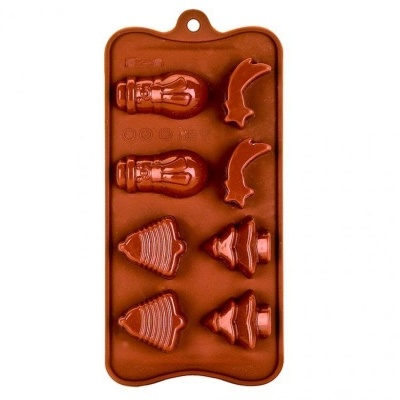 Forma de silicone castanha com cavidades de várias formas festivas