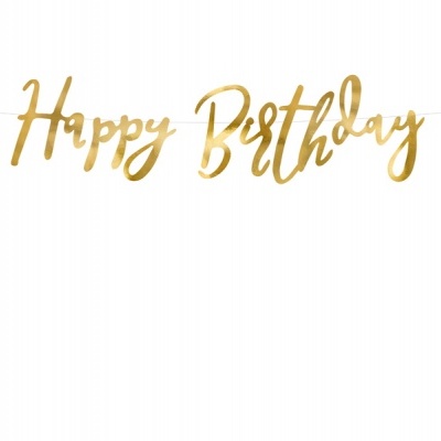 Pendente decorativo dourado com texto 'Happy Birthday'