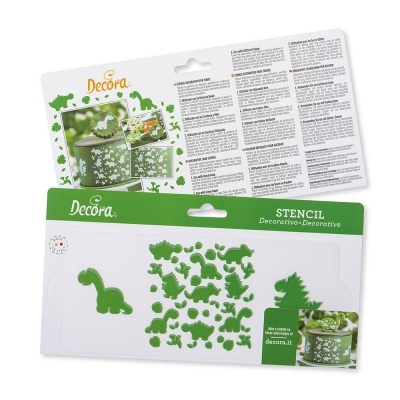 Stencil decorativo Decora com motivos de dinossauros em plástico branco na embalagem de cartão