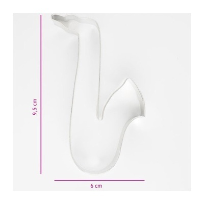 Cortante em forma de saxofone em metal prateado com medidas