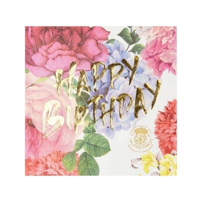 Guardanapo de papel floral com texto dourado 'HAPPY BIRTHDAY'