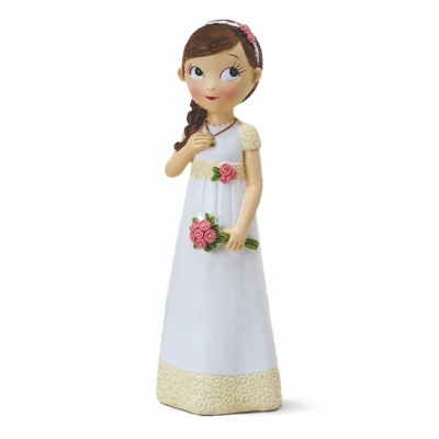 Estatueta decorativa de menina com vestido branco e flores cor-de-rosa