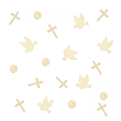 Elementos decorativos bege com formas de cruz, pomba e círculo sobre fundo branco