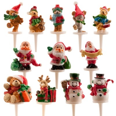 Conjunto de decorações de Natal com renas e bonecos de neve coloridos em plástico com suporte branco.