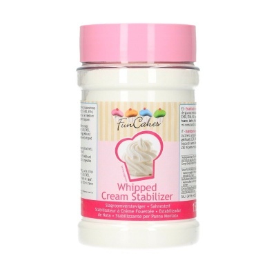Frasco de estabilizador de creme batido com tampa rosa e rótulo branco e rosa