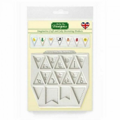 Moldes triangulares de plástico branco com letras para decoração de bolos, embalagem com fundo amarelo claro
