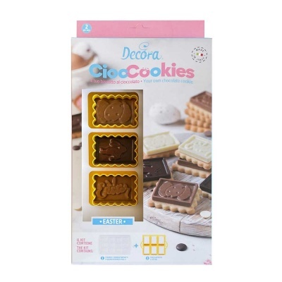 Conjunto para fazer biscoitos de chocolate com três formas em silicone amarelas na embalagem branca e rosa