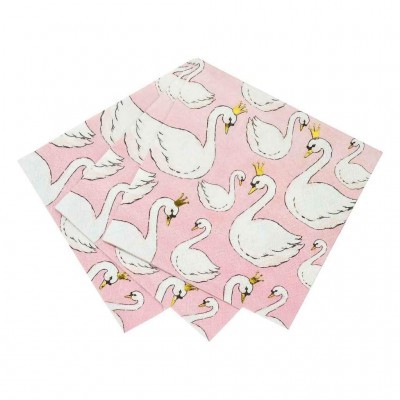 Guardanapo de papel rosa com desenhos de cisnes brancos com coroas amarelas