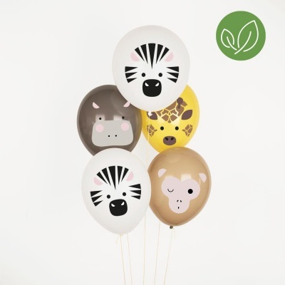 Balões com estampas de animais para festa infantil, fundo branco.