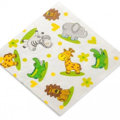 Guardanapo de papel com desenhos de animais coloridos em fundo branco.