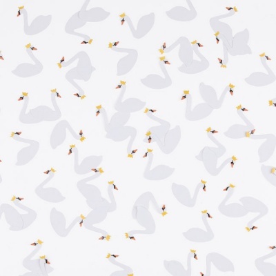 Papel de parede com padrão de cisnes brancos com coroa amarela