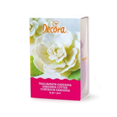 Embalagem de cortador Gardenia Decora com imagem de flor branca