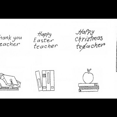 Desenhos de lápis, tesoura, livros e maçã com mensagens para professores em inglês.