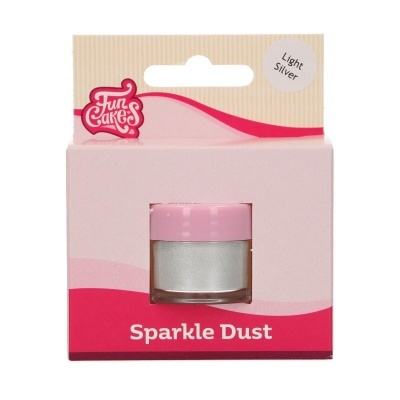 Frasco de pó decorativo FunCakes Sparkle Dust Light Silver com embalagem rosa e bege