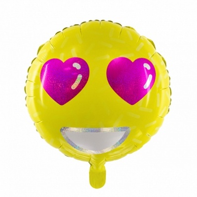 Balão amarelo com rosto sorridente e olhos de coração cor-de-rosa
