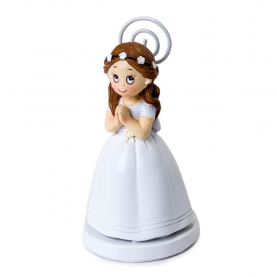 Figura decorativa menina vestida de branco com coroa de flores e suporte metálico