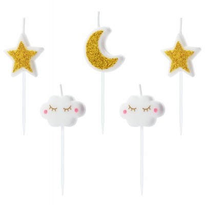 Conjunto de velas decorativas para bolo com estrelas, lua e nuvens