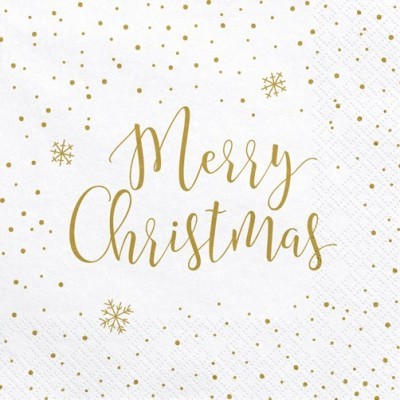 Guardanapo branco com pontos dourados e texto Merry Christmas em dourado no centro