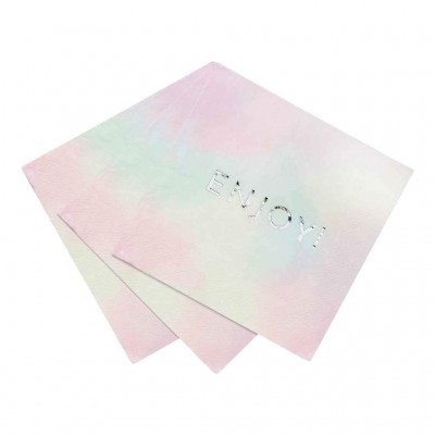 Guardanapos de papel pastel com palavra ENJOY prateada