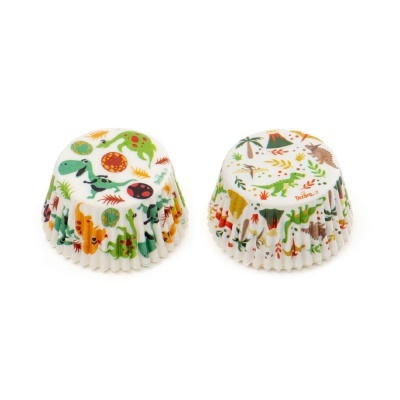 Duas forminhas de papel para cupcakes com padrão colorido de dinossauros