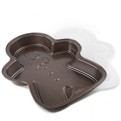 Forma de bolo em metal castanha em forma de boneco de gengibre com tampa de plástico translúcido