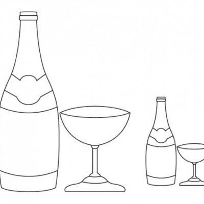 Desenho a preto e branco de garrafas e copos tipo taça para champanhe