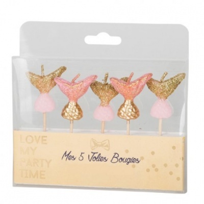 Conjunto de 5 velas forma cauda de sereia dourado e rosa embaladas