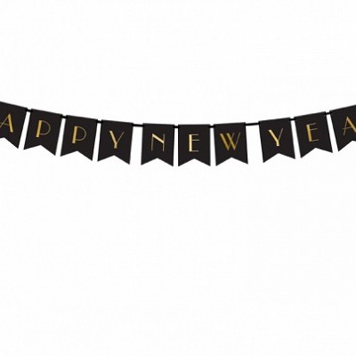 Bandeirola preta com letras douradas HAPPY NEW YEAR