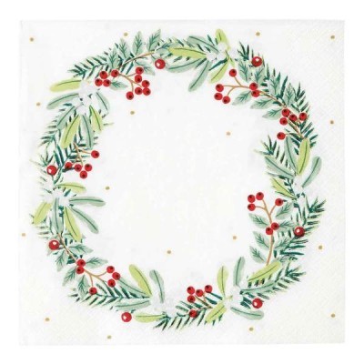 Guardanapo branco com padrão de ramos verdes e bagas vermelhas em círculo