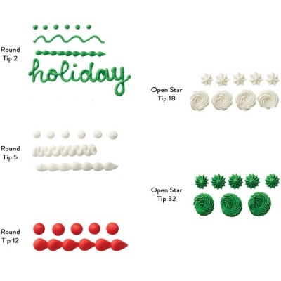 Diferentes decorações feitas com bicos de pasteleiro em verde, branco e vermelho