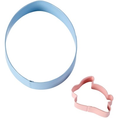 Dois cortadores de bolachas azul redondo e rosa em forma de coelho