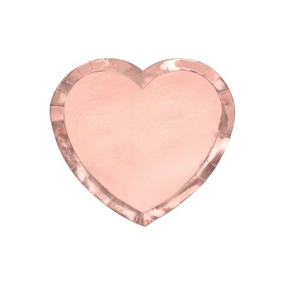 Prato de papel em forma de coração cor-de-rosa com borda metálica rosa
