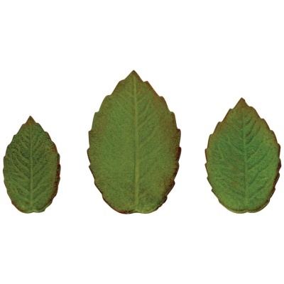 Três folhas artificiais verdes com bordas castanho-escuro