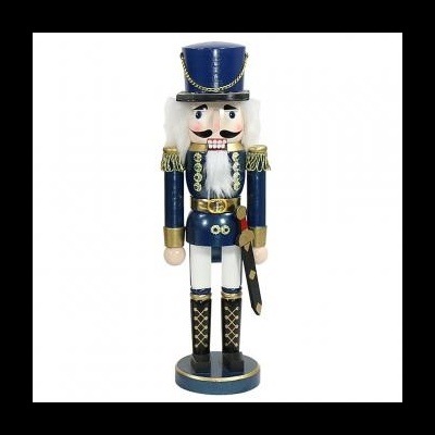 Boneco quebra-nozes de madeira azul, branco e dourado com cartola e espada