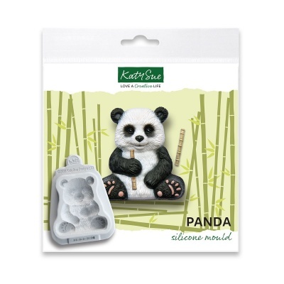 Molde de silicone para panda preto e branco com bambus verdes no fundo.