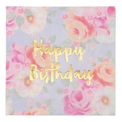 Guardanapo floral com texto dourado 'Happy Birthday'