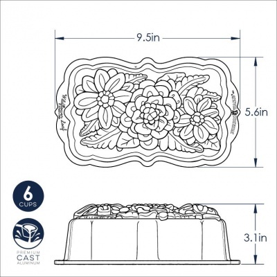 Desenho técnico de tabuleiro retangular com padrão floral e dimensões, indicando capacidade de 6 chávenas e material alumínio fundido