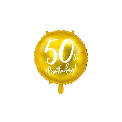 Balão dourado metálico redondo com texto branco '50th Birthday!'