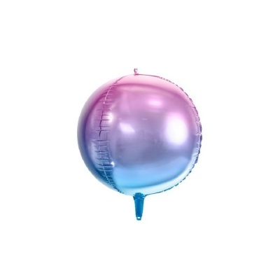 Balão metalizado esférico lilás e azul em fundo branco