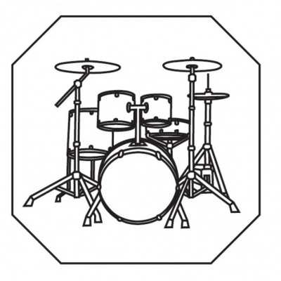 Desenho a preto e branco de uma bateria musical completa