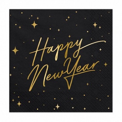 Guardanapo preto com texto dourado 'Happy New Year' e estrelas