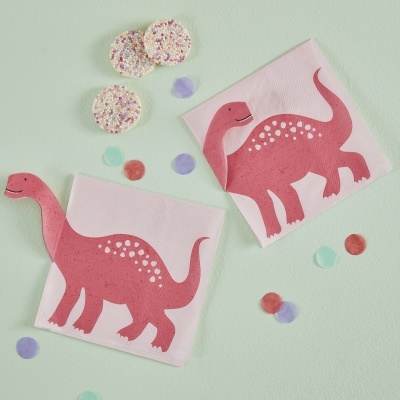 Guardanapos de papel rosa com desenho de dinossauro cor-de-rosa e bolachas com granulado colorido