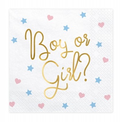 Guardanapo branco com texto dourado 'Boy or Girl?' e estrelas azuis e corações rosa